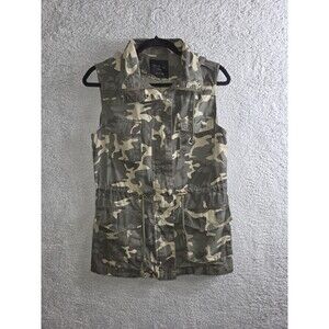 Active USA Vest Womens S Camo Hooded Utility Pockets Zip Front Drawstring Grunge